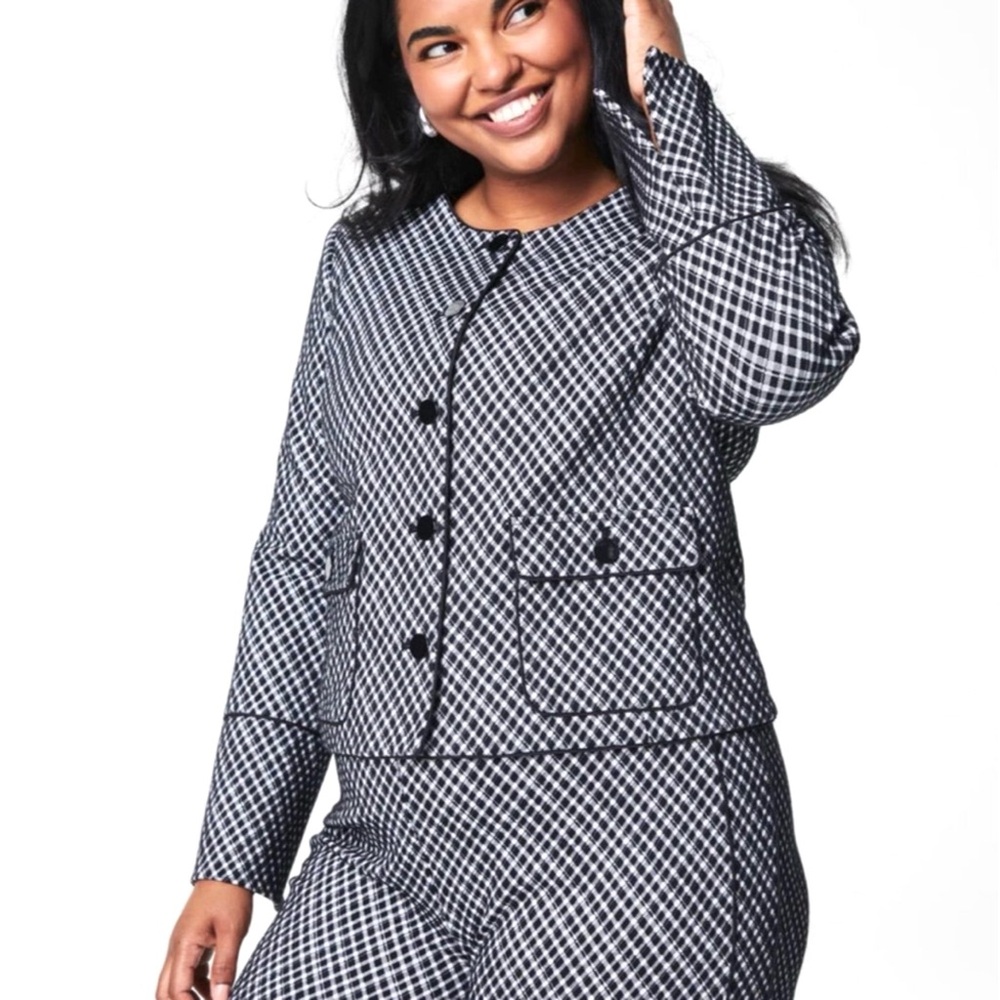 SPANX Ponte Jacket Diamond Print Black White Cropped Button Front Chic NWT